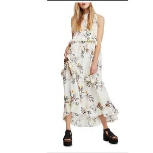 Free People Extratropical Maxi Dress Floral Linen Blend Tiered Boho Cream Yellow